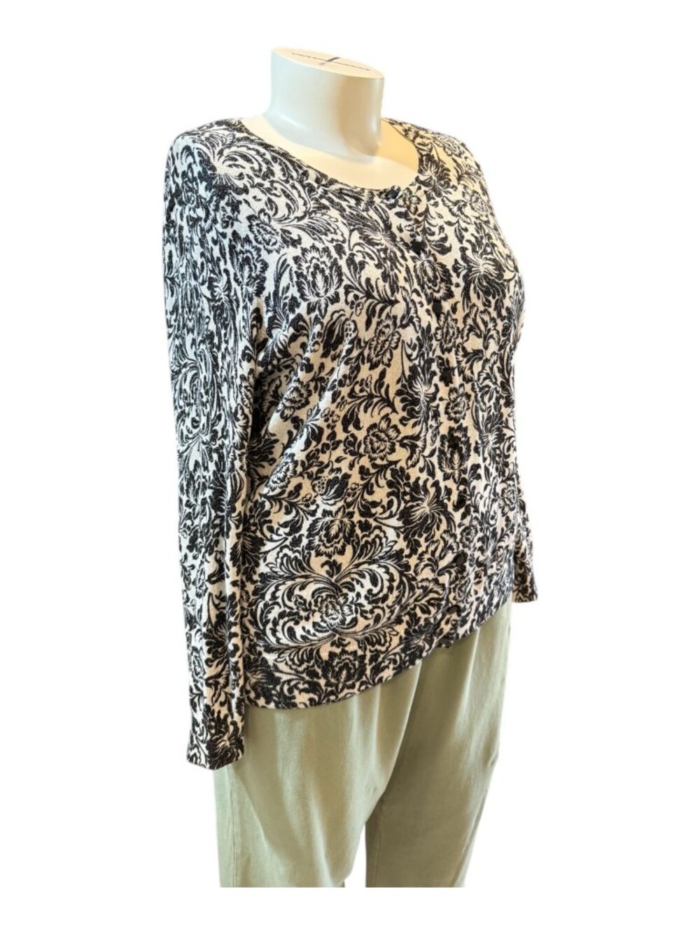 Talbots Sz 3X Black & Cream Floral Sparkly Button-Up Cardigan Sweater